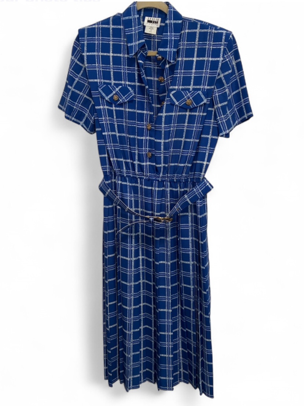 Vintage Leslie Fay Blue Plaid Belted Short Sleeve Shirt Dress